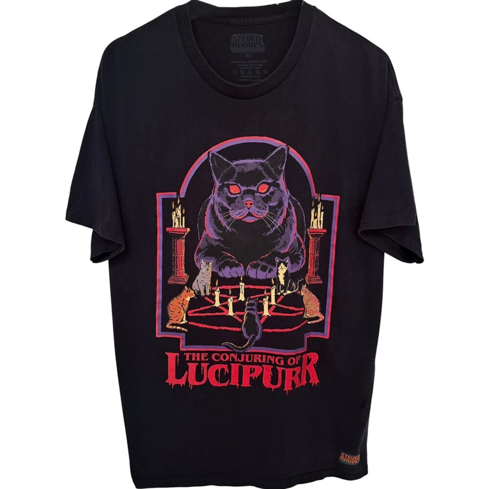 Steven Rhodes Conjuring of Lucipurr Cat Graphic T-Shirt Men's XL Black